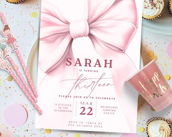 Editable Coquette Pink Bow Birthday Invitation, Pink Bow Birthday Invitation, Ribbon Birthday Invitation, Pink Coquette Bow Invite Template