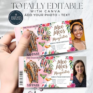 Editable Girls Night Pass Template Printable Personalized Ticket Canva invitation Pass Digital Moo Moos Margaritas Momo and Margaritas