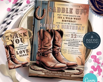 May include: A Wild West-themed birthday invitation with brown cowboy boots, a horseshoe, and the text "Saddle Up!" The invitation includes details for Sarah's birthday party, along with a matching thank you tag. Pink and white confetti and straws complete the festive look.