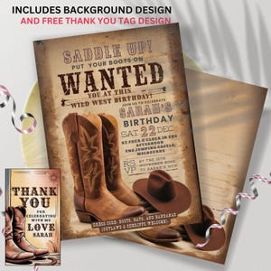 Boots on the ground Birthday invitation, country western, cowboy boots hat, Hoedown Editable digital invitation Wanted rustic invite CB003