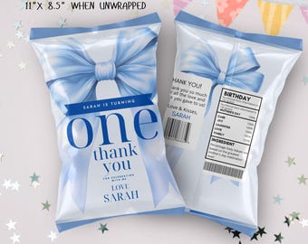 Editable Coquette Blue Bow Chip Bag Wrapper Labels, Coquette Blue Bow Bag Wrapper Labels, Coquette Blue Bow Chip Bag Wrapper Labels