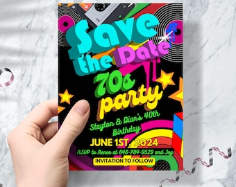 Editable Save the date invitation,70th Birthday invitation 70s invites Back to the 70s party digital printable canva template retro neon 70s