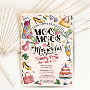 Moo Moos and Margaritas Party invitation, Moomoos Girls Night Out invite, Ladies Bachelorette Party Glam Ladies Night Editable Template