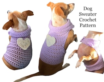 May include: Three dogs wearing lavender crochet dog sweaters with a cream-colored heart applique. The sweaters have a turtleneck design. Text on the image reads "Dog Sweater Crochet Pattern" and "Hello Gabby".