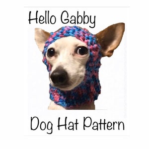 May include: A white dog wearing a pink and blue knitted hat. The text "Hello Gabby Dog Hat Pattern" is below the dog.