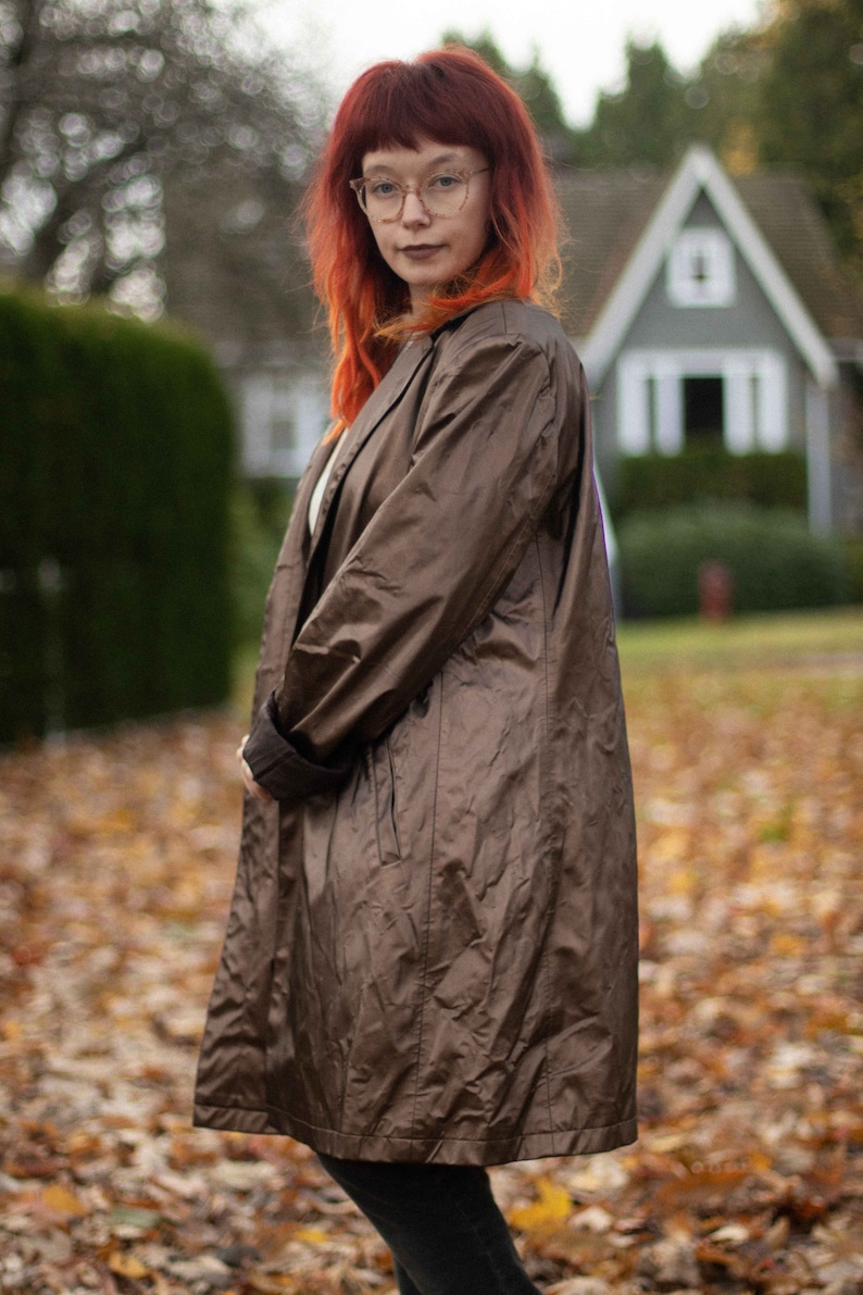 90/'s Brown Matte Metallic Long Trench Mac Coat Jacket Plastic Gothic
