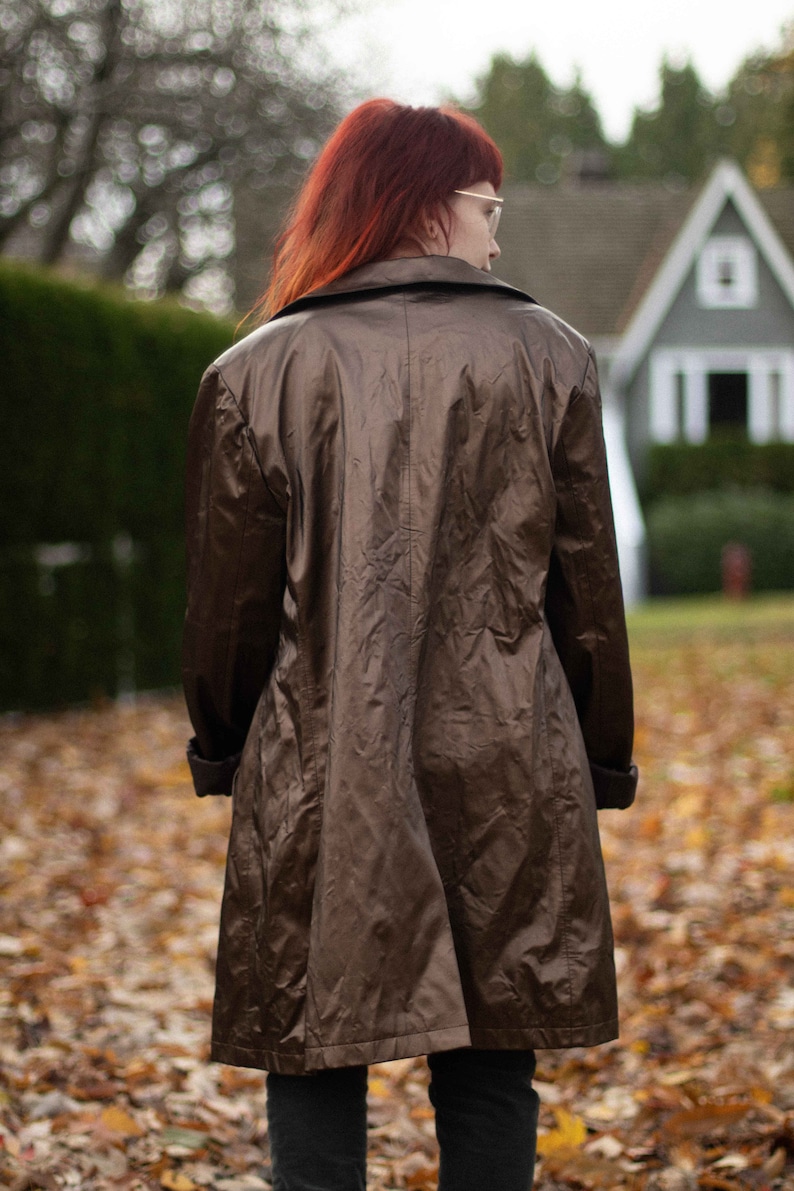 90/'s Brown Matte Metallic Long Trench Mac Coat Jacket Plastic Gothic