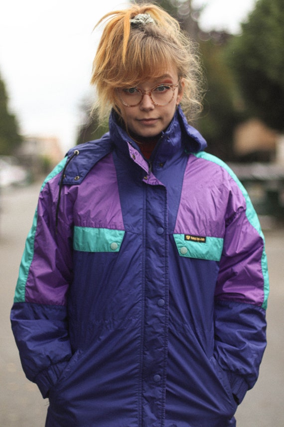80s Neon Bright Rain Coat Parka Jacket Blue Purpl… - image 9