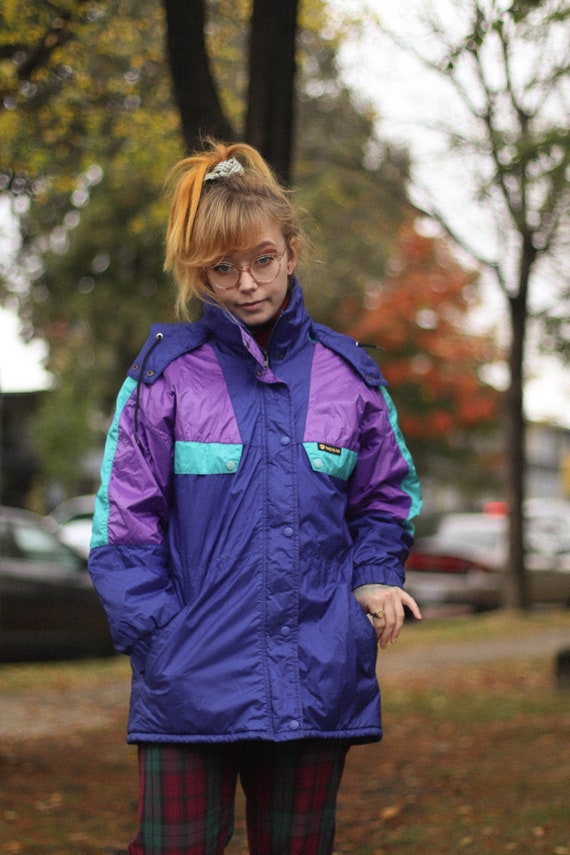 80s Neon Bright Rain Coat Parka Jacket Blue Purpl… - image 4