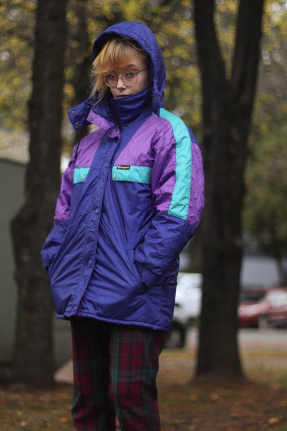 80s Neon Bright Rain Coat Parka Jacket Blue Purpl… - image 5