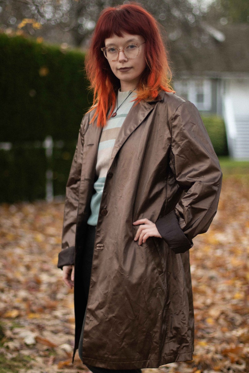 90/'s Brown Matte Metallic Long Trench Mac Coat Jacket Plastic Gothic