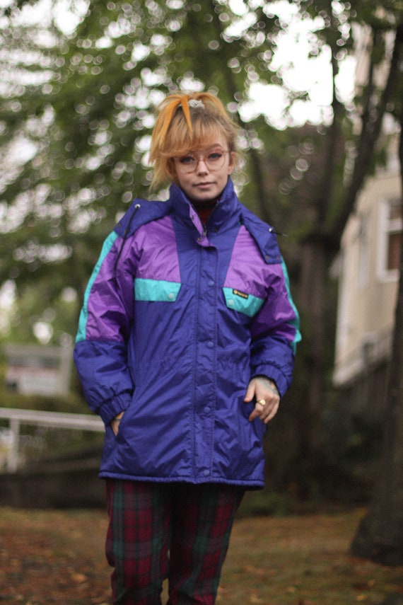 80s Neon Bright Rain Coat Parka Jacket Blue Purpl… - image 1