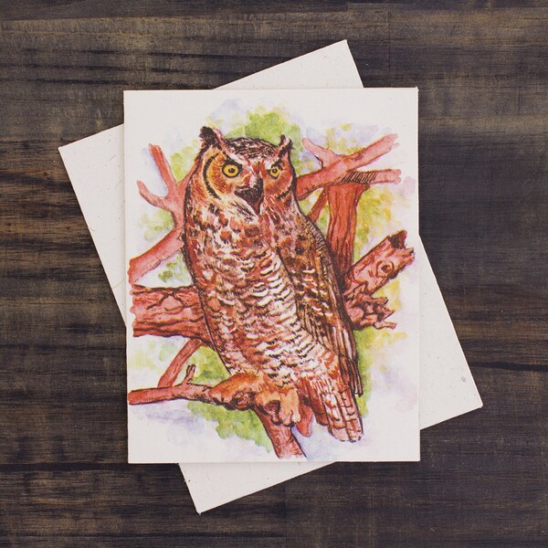 Eco-Friendly Elegance: Great Horned Owl Watercolor Greeting Card on Elephant Dung Paper by Mr. Ellie Pooh