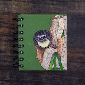 May include: A green spiral bound notebook with a sloth illustration on the front cover. The sloth is brown and gray with a white chest and is climbing a tree trunk. The tree trunk is white with brown markings.