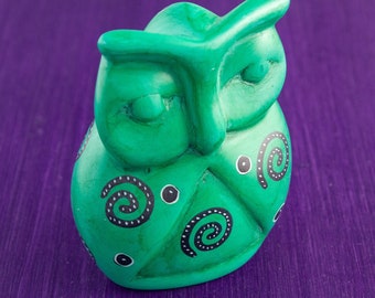 Hand Carved Owl Figurine - Light Green/Bluish Soapstone Paperweight by Mr. Ellie Pooh