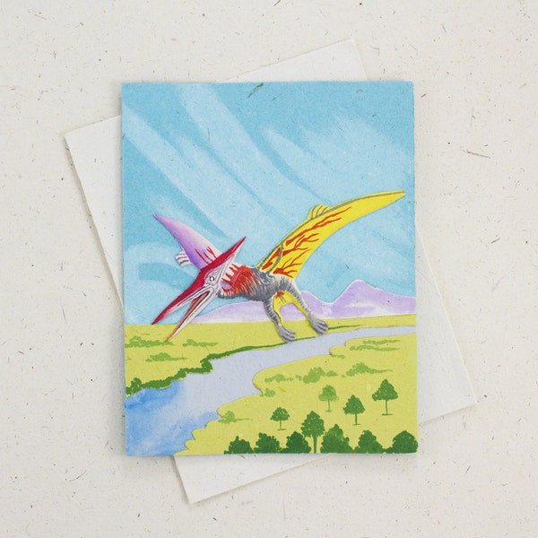 Mr. Ellie Pooh's Eco-Conscious Elephant Dung Paper Pterodactyl Dinosaur Card - Whimsical Jurassic Wishes