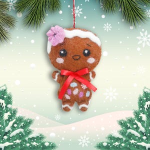 Festive Gingerbread Girl Ornament - Handfelted Holiday Decor