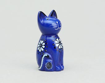 Hand Carved Soapstone Kitty Cat Figurine - Blue Paperweight Desk Buddy