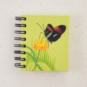 May include: A green spiral bound notebook with a painted butterfly and flower design. The butterfly is black with red and orange accents. The flower is yellow with orange accents.