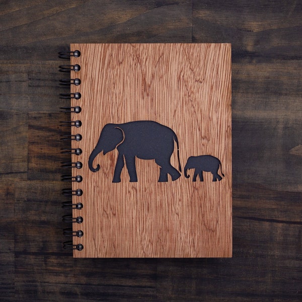 Mama and Baby Elephant Stroll: Mr. Ellie Pooh Elephant Dung Paper Wood Cover Large Notebook