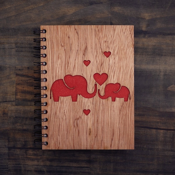 Mr. Ellie Pooh's Eco-Conscious Wood Cover Elephant Love Large Notebook - Whimsical Romance