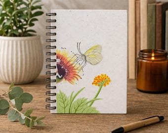 Carnet de notes fait main avec des fleurs et des papillons, journal papier de crottes d'éléphant, carnet de notes à spirales respectueux de l'environnement, cadeau du commerce équitable, journal nature