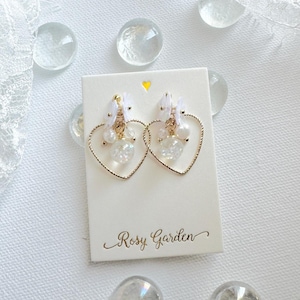 Heart Snow Globe Earrings: Rosy Garden Prism Flowers, 14k Gold Plated