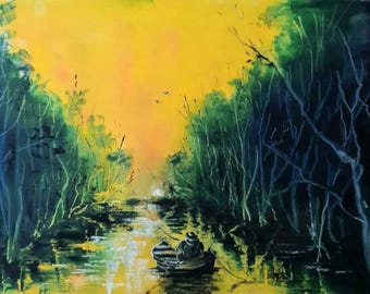 May include: A painting depicting a river scene with a boat in the centre of the river. The river is flanked by trees on either side. The sky is a bright yellow colour.