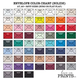 May include: Color chart showing envelope colors in a grid format. The chart includes 48 different colors, including white frost, ice white, snow white, cream puff, white, cream, mist, vellum white, china white, sorbet yellow, factory yellow, citrine, mandarin, coral, prach, candy pink, cipria, dusty rose, fuchsia pink, bright red, vermilion, scarlet, claret, pistachio, mid green, lockwood green, forest, racing green, emerald, park green, powder green, turquoise, tabriz blue, adriatic, azure blue, cool blue, new blue, imperial blue, cobalt, sapphire, cool grey, pale grey, nubuck brown, harvest, straw kraft, stone, bitter chocolate, brown, lavender, purple, royal blue, amethyst, burgundy, dark grey, real grey, smoke, ebony, and ultra black.