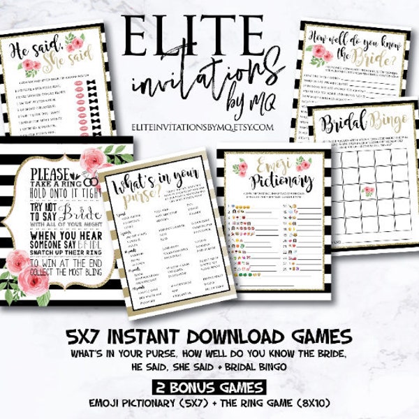 Kate Spade Themed Bridal Shower Games Package [6 Digital Downloads: Bingo, He Said She Said, Purse Game, Ring Game, Emoji Pictionary]