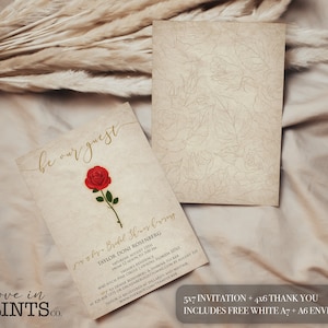 May include: A printable invitation for a bridal shower with a red rose and gold calligraphy text that says "be our guest" and "ja's for a Bridal Shower honoring Taylor Doni Rosenberg". The invitation includes the date, time, location, RSVP information, and the text "5x7 Invitation + 4x6 Thank You Includes Free White A7 + A6 Envelopes".