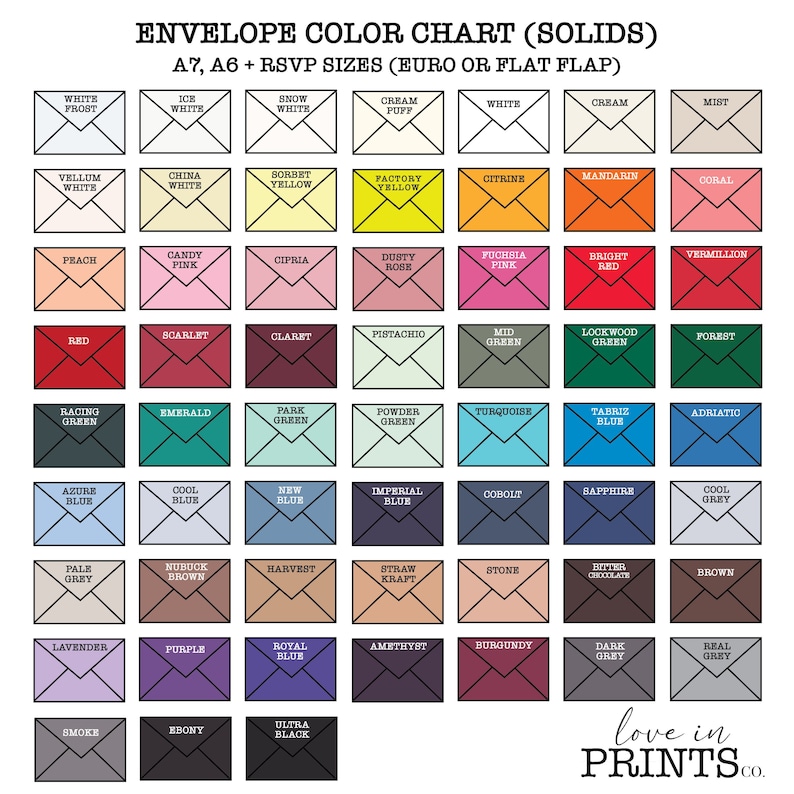 May include: Color chart showing envelope colors in a grid format. The chart includes 48 different colors, including white frost, ice white, snow white, cream puff, white, cream, mist, vellum white, china white, sorbet yellow, factory yellow, citrine, mandarin, coral, prach, candy pink, cipria, dusty rose, fuchsia pink, bright red, vermilion, scarlet, claret, pistachio, mid green, lockwood green, forest, racing green, emerald, park green, powder green, turquoise, tabriz blue, adriatic, azure blue, cool blue, new blue, imperial blue, cobalt, sapphire, cool grey, pale grey, nubuck brown, harvest, straw kraft, stone, bitter chocolate, brown, lavender, purple, royal blue, amethyst, burgundy, dark grey, real grey, smoke, ebony, and ultra black.
