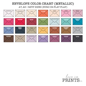 May include: A color chart of metallic envelope options for A7, A6, and RSVP sizes. The chart shows 24 different envelope colors with their names printed below each envelope.
