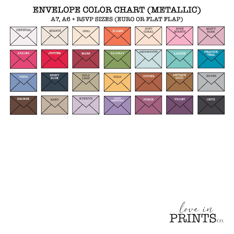 May include: A color chart of metallic envelope options for A7, A6, and RSVP sizes. The chart shows 24 different envelope colors with their names printed below each envelope.