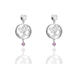 Om Yoga Drop Earrings in 925 Sterling Silver with Amethyst