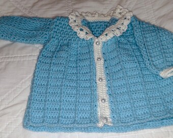 Turquoise and White Crocheted Delicate Infant Jacket, Crocheted Baby Jacket, Light Jacket Sweater