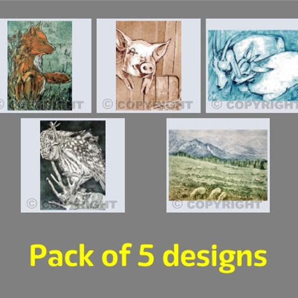 Animal Etchings Pack of 5 blank cards, Fox, Sheep, Pig, Goats, and Owl