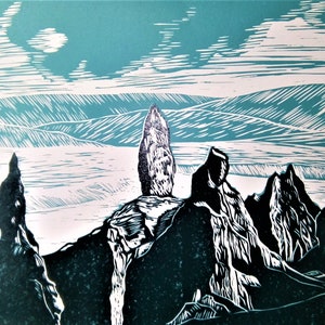 Isle of Skye Mountains, Hebriden, Storr, stationair, aangepast van origineel kunstwerk, linosnedekaart, grote blanco kaart