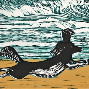 Springender Spaniel am Strand, vom Künstler's Linolschnitt, große Blankokarte