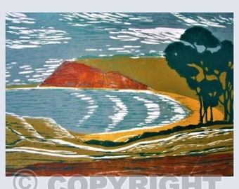 Devon Red Cliffs Good Quality Print , from an original Woodcut by the Artist,A4 size..