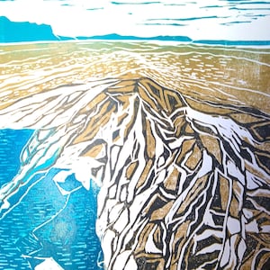 Rockpool et scène de mer, grande carte d'artistes, scène côtière d'un lino cut.