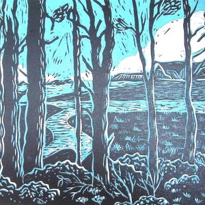 Árvores e cena costeira East Devon, Budleigh Salterton, papelaria, arte original, cartão grande em branco