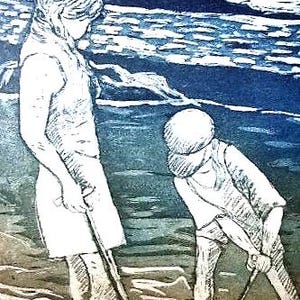 Bambini sulla spiaggia, prima che salga la marea, cartolina grande, da un'acquaforte originale dell'artista.