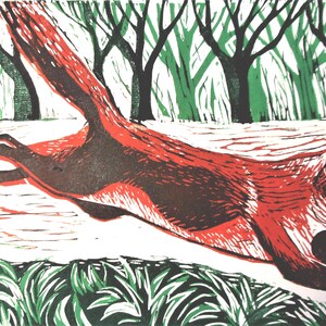 Cartão em branco Leaping Fox, de um linóleo original cortado em 4 cores por Wenda Bartlett