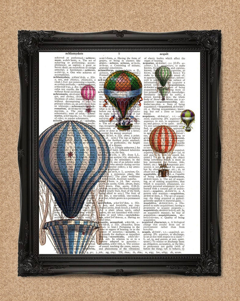 Vintage Hot Air Balloons Dictionary Print Upcycled Book Art Etsy
