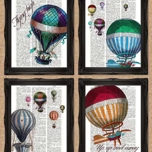 Hot Air Balloon Print Upcycled Dictionary Book Art 8x10 A126 Etsy
