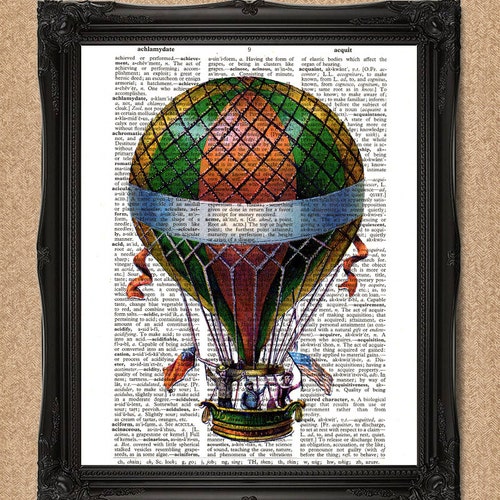 Hot Air Balloon Print Upcycled Dictionary Book Art 8x10 A126 Etsy