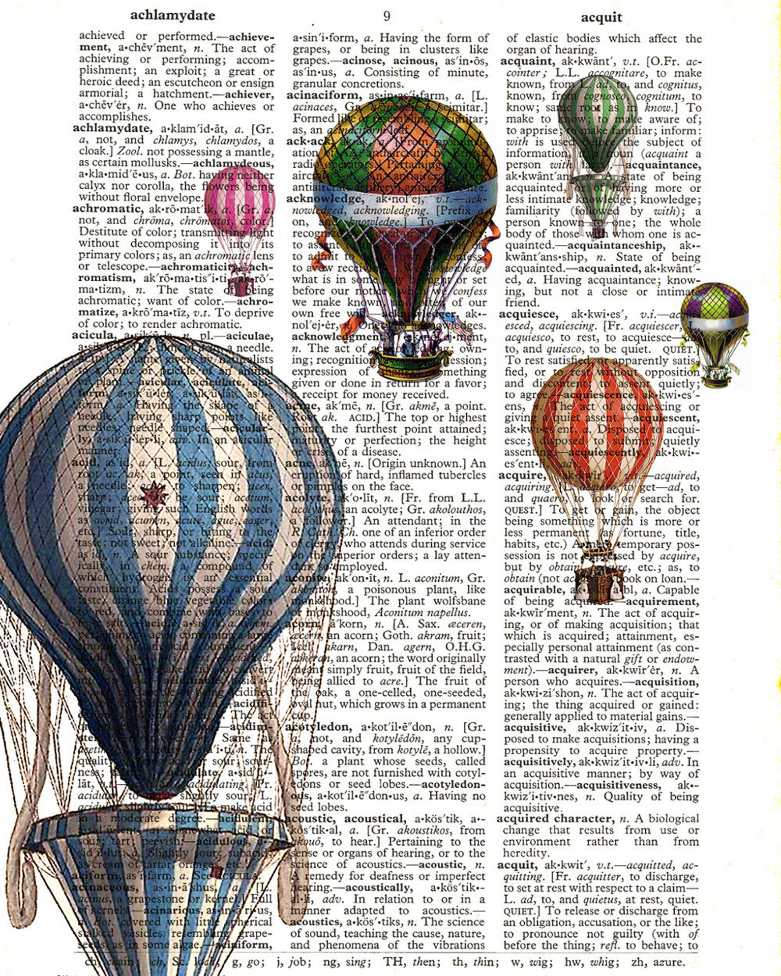 Vintage Hot Air Balloons Dictionary Print Upcycled Book Art Etsy