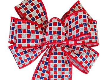 Small 6" Patriotic Red, Natural & Blue Bow, Handmade, Wired