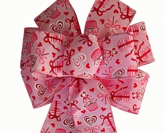 Valentine's Day Bow Wreath Bow - Pink Cupcakes and Hearts - Wired - Handmade - Choose Size
